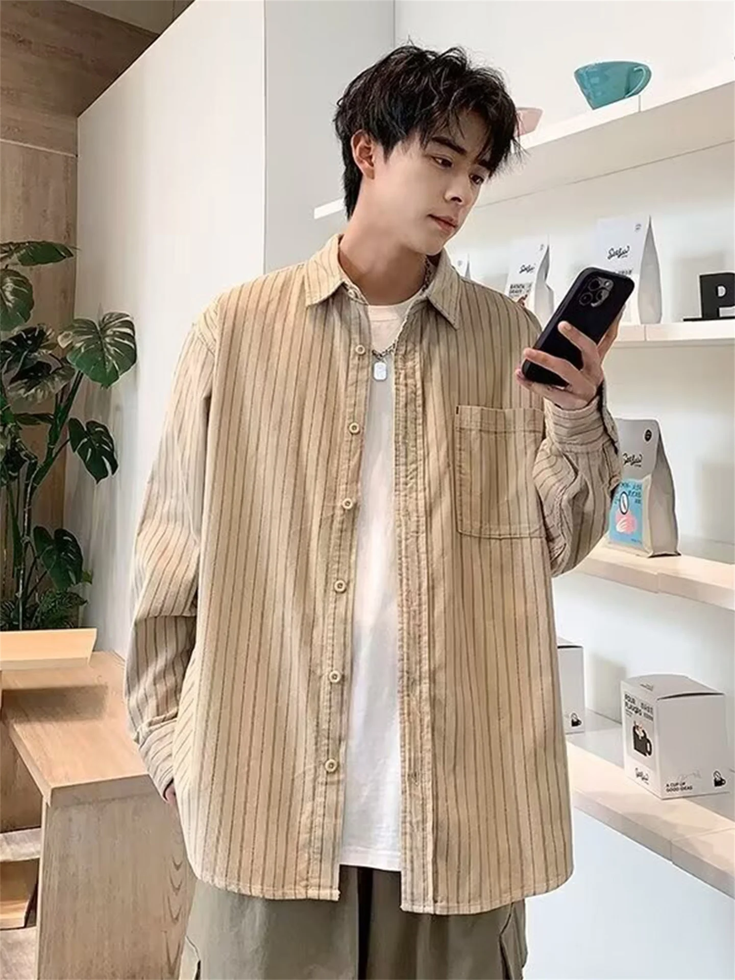 

Corduroy Long Sve Men's irt Casual Khaki Striped Spring Autumn Leisure Vintage Sle Button up Regular Fit Student Faion