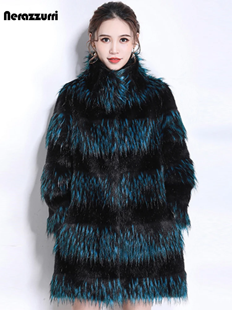 Nerazzurri Winter Oversized Colorful Faux Fur Coat Women 3/4 Sleeve Stand Collar Gradient Warm Thick Hairy Shaggy Fluffy Jacket