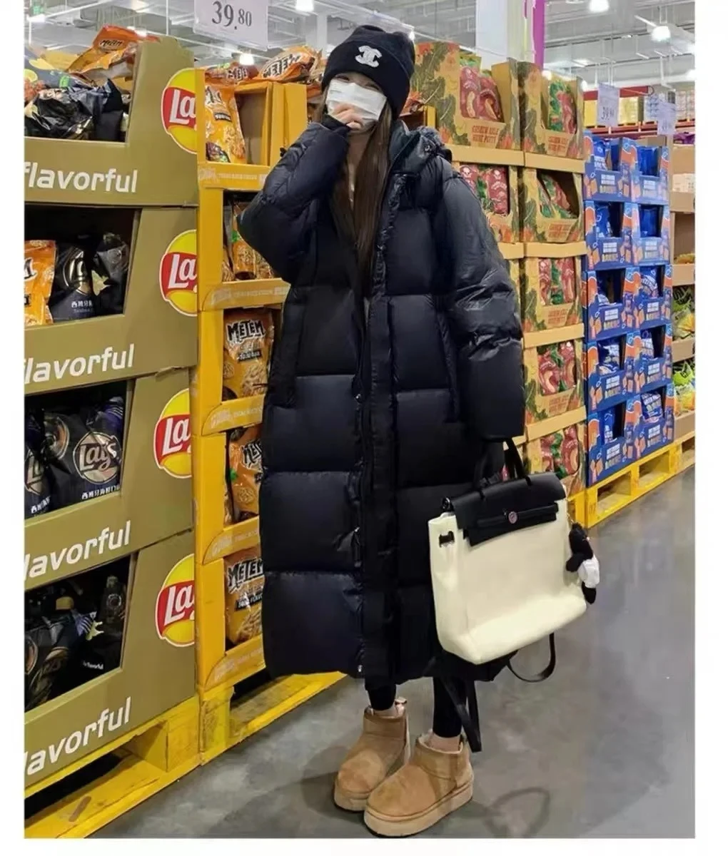 Black Gold Down Cotton Jacket for Women 2025 New Winter Thickened Over Knee