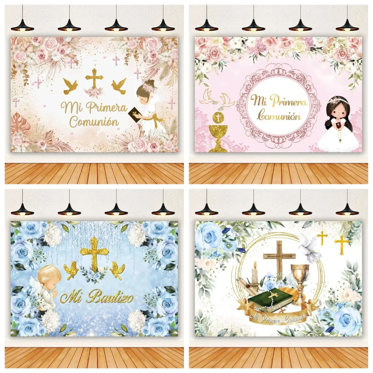 My First Communion Backdrop – Gold Cross God Bless Theme, for Girl/Boy Baby Shower & Birthday Party Decor Photography-Tapestry