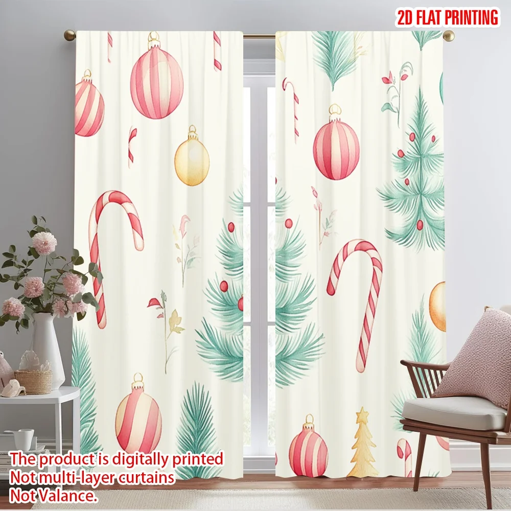 2pcs,2D plane printing Curtains Christmas Tree Ornaments Watercolor Style (3) Polyester Woven (without rod) Festive for Bedroom,