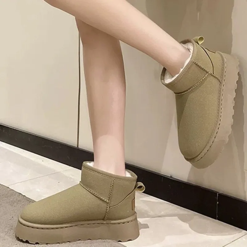 Новые зимние модные ботинки, женские новые замшевые ботинки с круглым носком и шерстяной платформой, противоскользящие износостойкие зимние ботинки на плоской подошве
