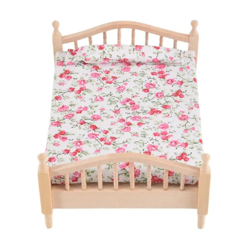 強くお勧めします 1:12 ドールハウス寝室 ミニ花柄ダブルベッド シーン家具 ドールハウスアクセサリー