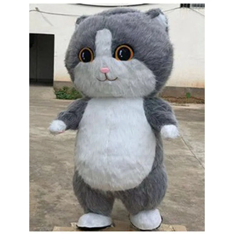 Christmas 2m/2.6m Furry Inflatable Grey Cat Mascot Costume Adult Wearable Blow Up Suit Animal Character Fancy Stage Dress Up No