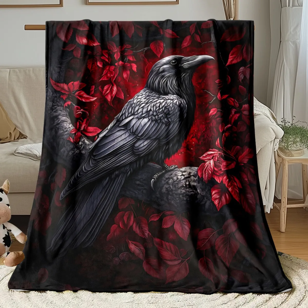 Gothic Raven & Red Leaves Blanket – Lightweight Fleece Throw with Black & Red Art for All-Season Use