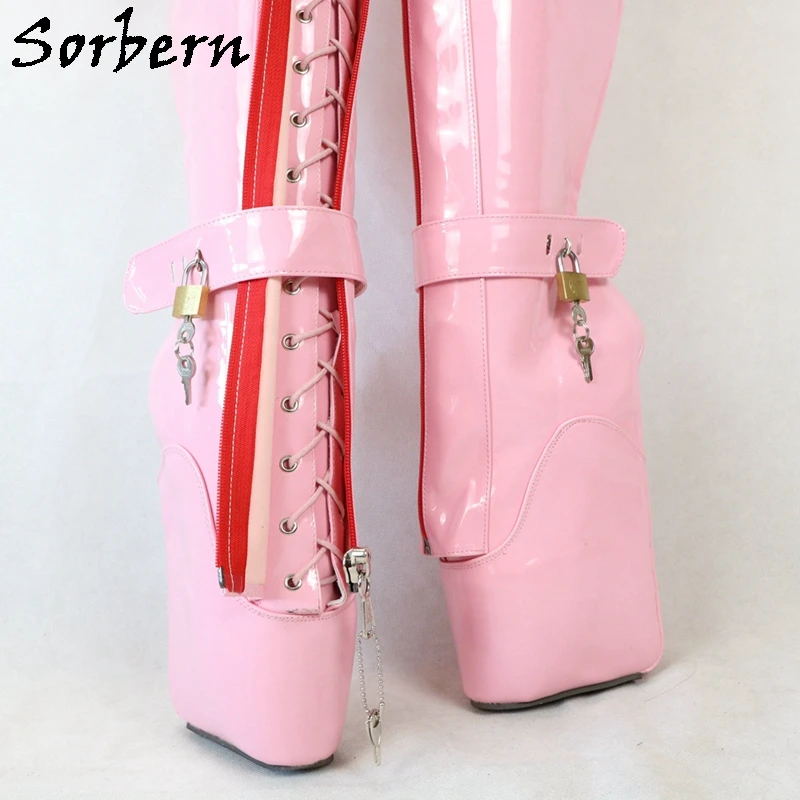 Sorbern Crotch Thigh High Boots Women Ballet High Heel Lockable Zipper Lace Up Buckles Custom Fetish Shoes BDSM Boot