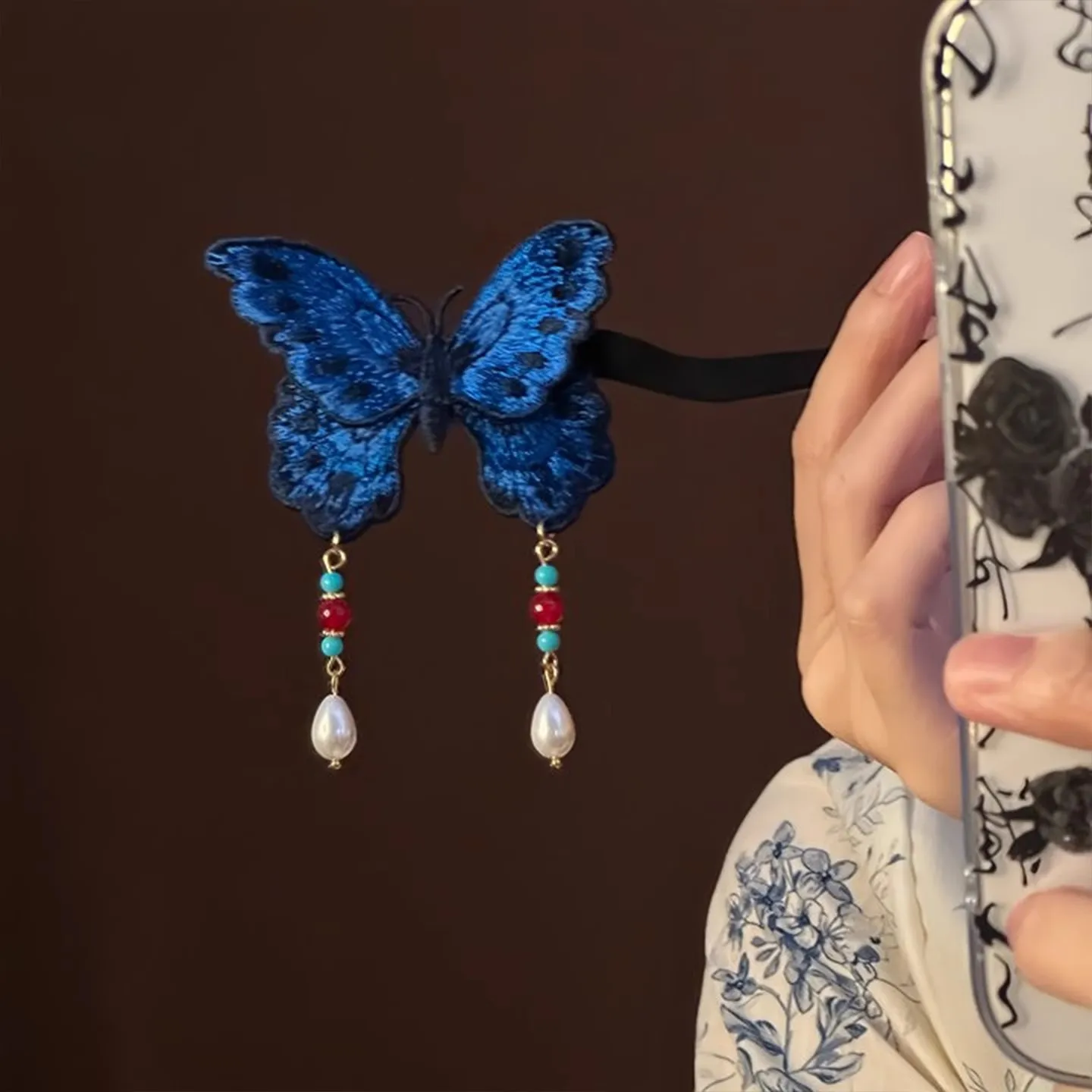 New Chinese-Style Embroidered Blue Butterfly Tassel Hairpin, Ancient Style Side Clip Hairpin, Headpiece, Hanfu Qipao Accessory view 2