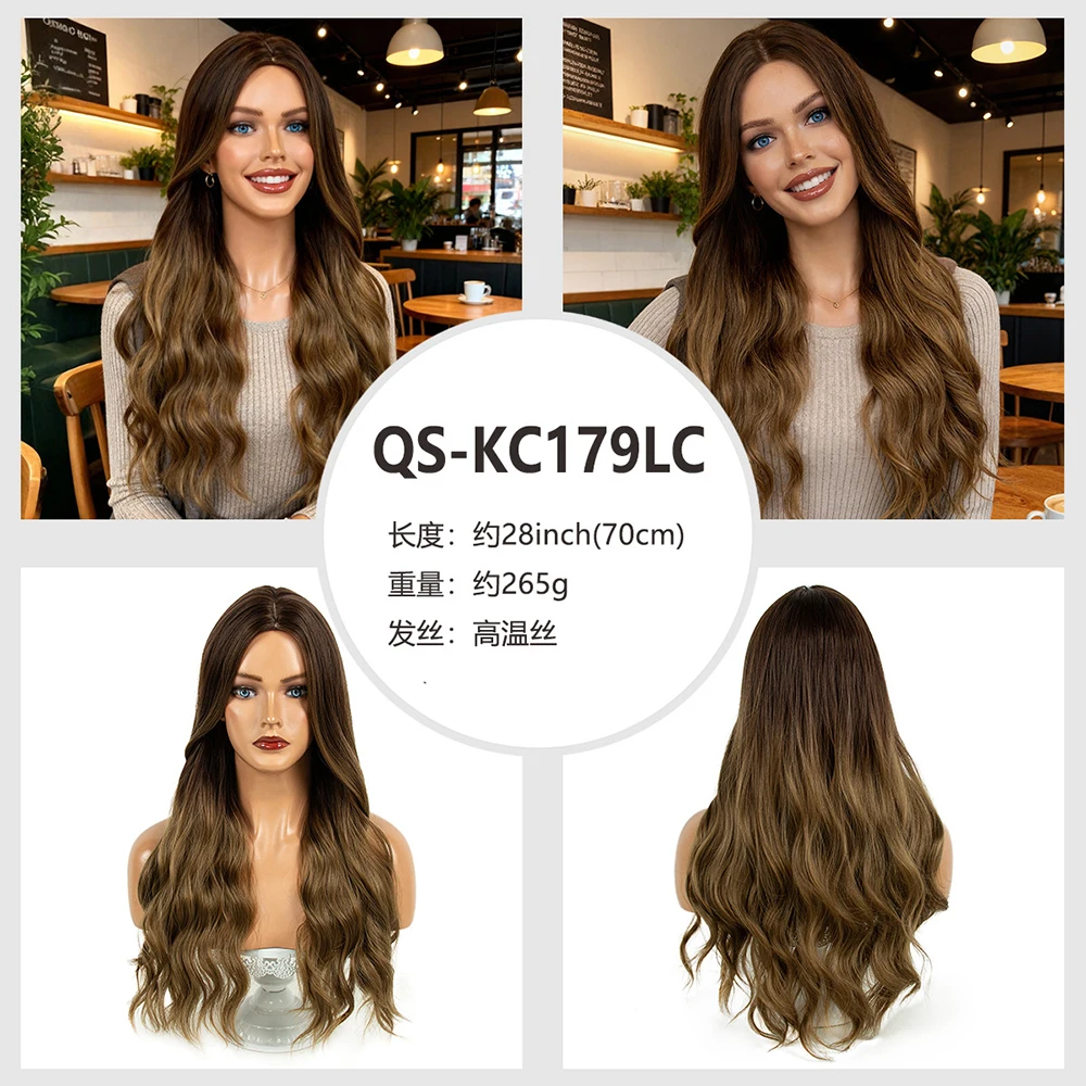 غرة شعر مستعار، تسريحة شعر كاملة الرأس، عصابة رأس حريرية محاكاة طبيعية عالية الحرارة، شعر طويل مجعد مستقيم، أنثى #6