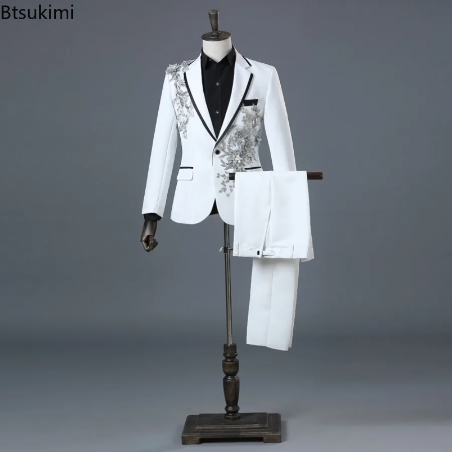 Elegant Appliqued Men's Suits Luxury Slim Fit Two Piece Sets Formal Tuxedo Suit and Pants Host Singer Stage Performance Costumes