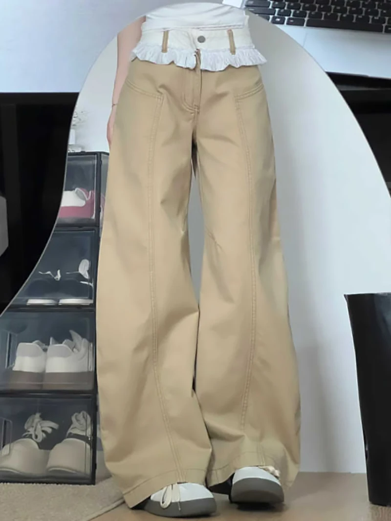 

Женские джинсы прямого кроя цвета хаки с кружевными вставками, весна 2026, с высокой талией, свободные, широкие штанины, облегающий силуэт