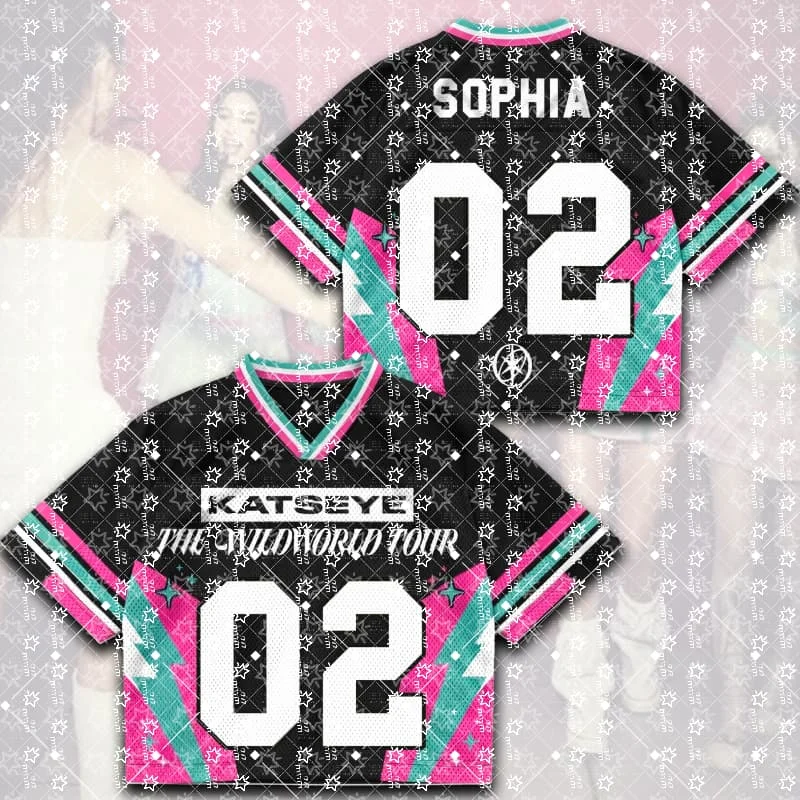Women K-Pop Cropped Football Jersey Black Pink Teal Print Tour Letter Number 04 V-Neck Short Sleeve Crop Top Streetwear