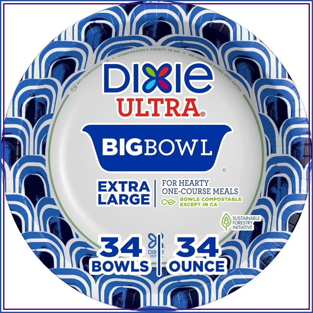 34 oz Heavy Duty Paper Bowls, 34 Count, Compostable, Microwave Safe, Perfect for Soups & Stews
