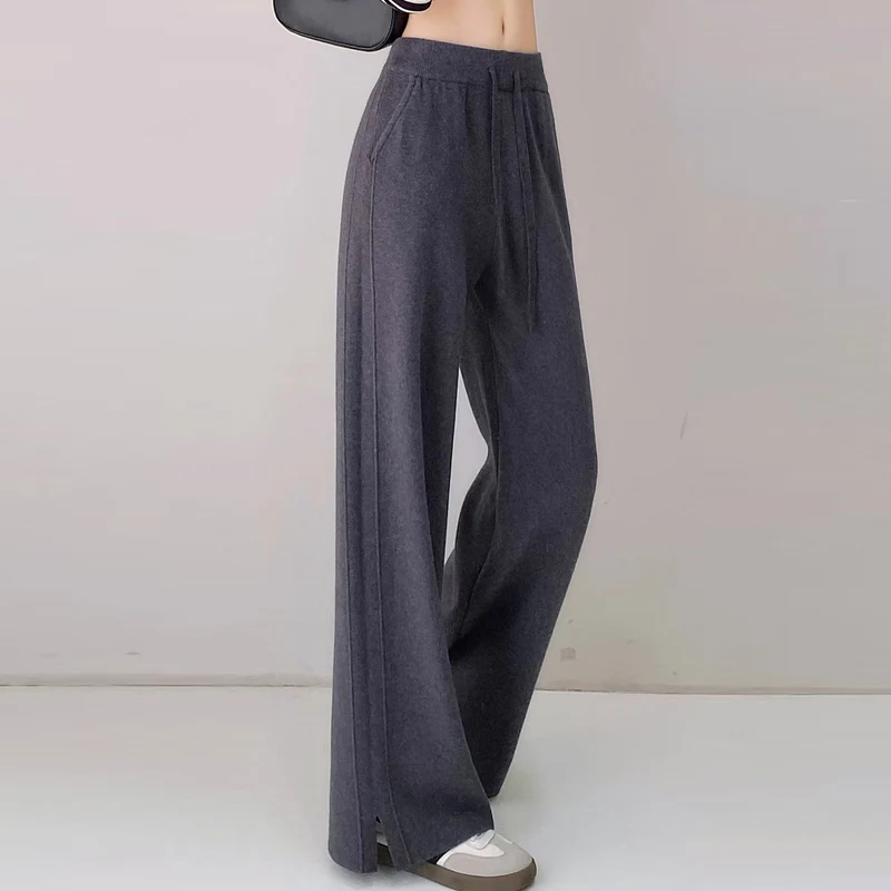 Winter 2025 New Women's Woolen Fleece Warm Pants Elastic High Waist Drawstring Autumn Chic Female Casual Side Slit Wide Leg Pant