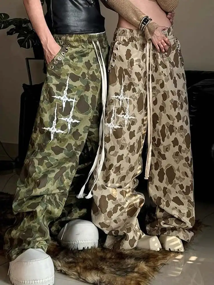 

Широкие брюки в американском рабочем стиле больших размеров для женщин, летние, свободные, с высокой талией, камуфляжные, модные прямые брюки