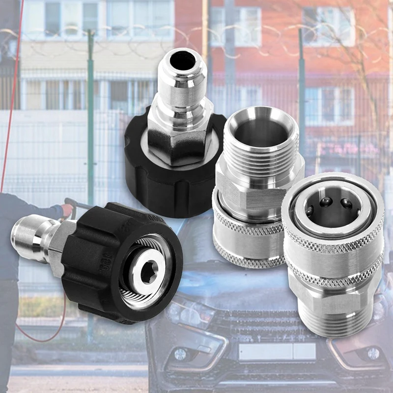 4Pcs Pressure Washer Adapter Set, Quick Connect Kit, M22 14Mm To M22 Metric Fitting, Stainless Steel Easy Install Easy To Use