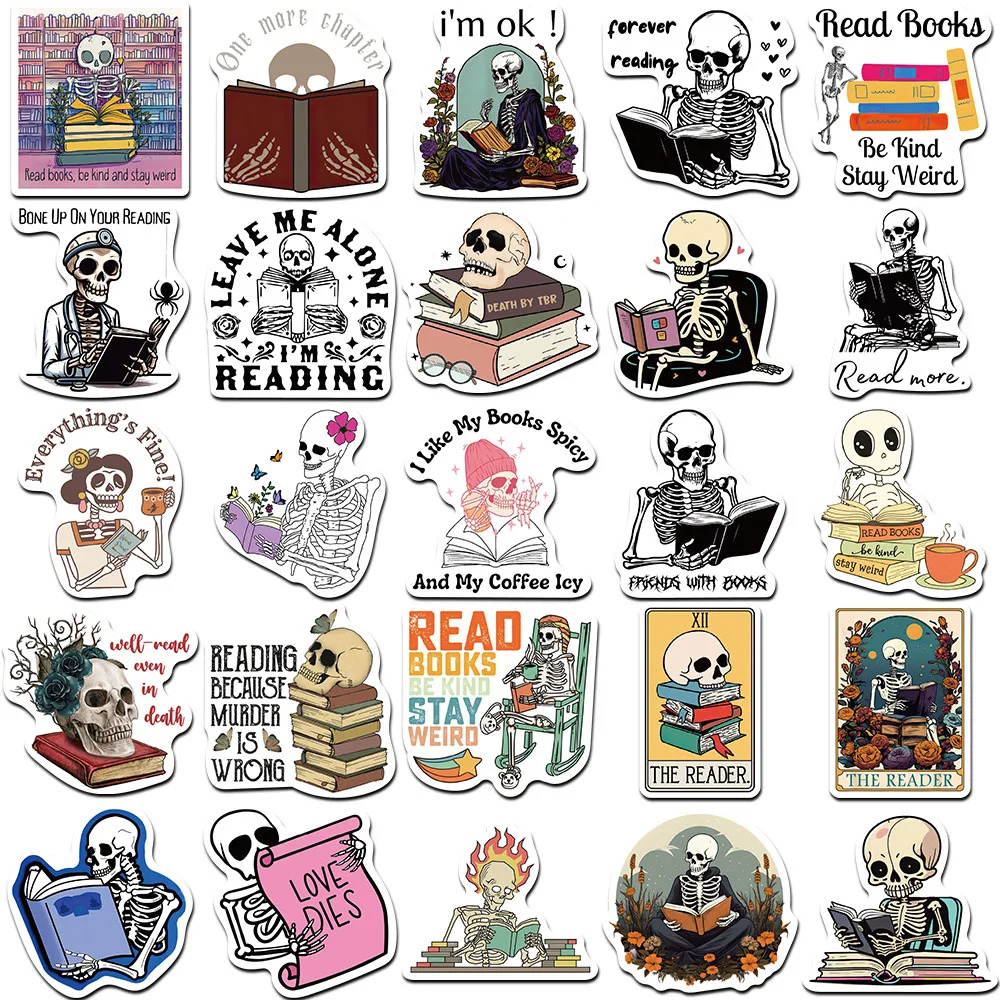 10/50PCS Funny Skull Reading Books Stickers Aesthetic DIY Phone Bottle Luggage Laptop Skateboard Car Graffiti Decals Toy Sticker