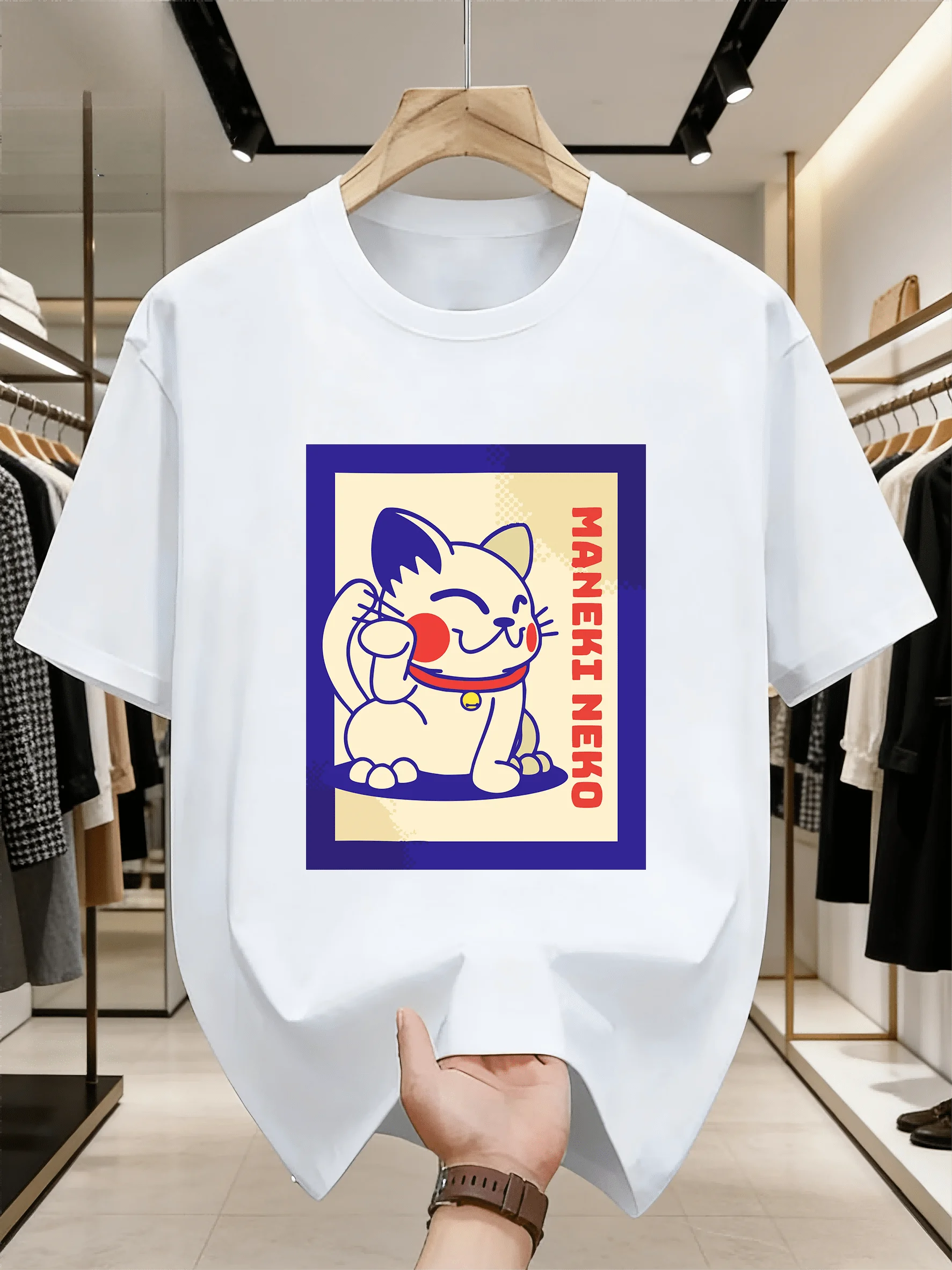 Cartoon Maneki Neko Print Men Short Sleeve Tshirt Lucky Fortune Cat O Neck Tee Japanese Style Fan Casual Male Street Fashion Top