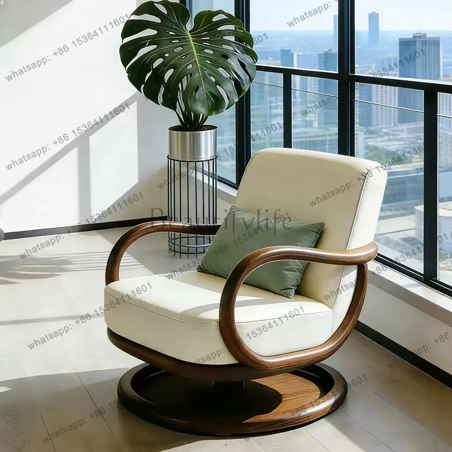 

YJ New Chinese Style North American Black Walnut Lounge Chair Rotating Single Sofa Chair Light Luxury Genuine Leather Solid Wood