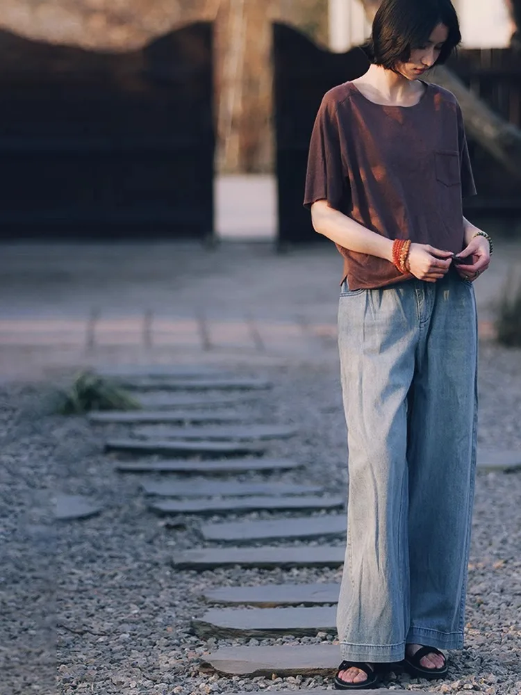 

Waed Vintage Cotton Linen Wide Leg Loose Fit Jeans Women's Long Trousers Casual Sle Summer Season Light Weight Jeans