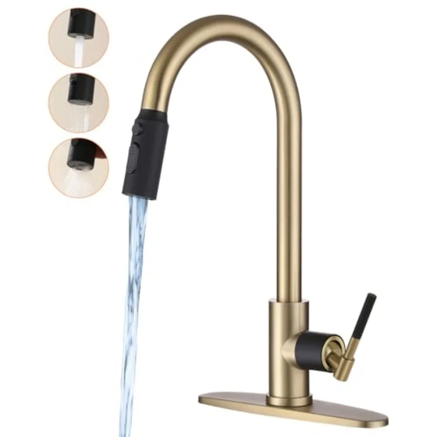 

Gold Kitchen Faucet -High Arc Single Handle Stainless Steel Kitchen Sink Faucet with Pull Down Sprayer- 3 Spray Modes 1.5GPM Hi