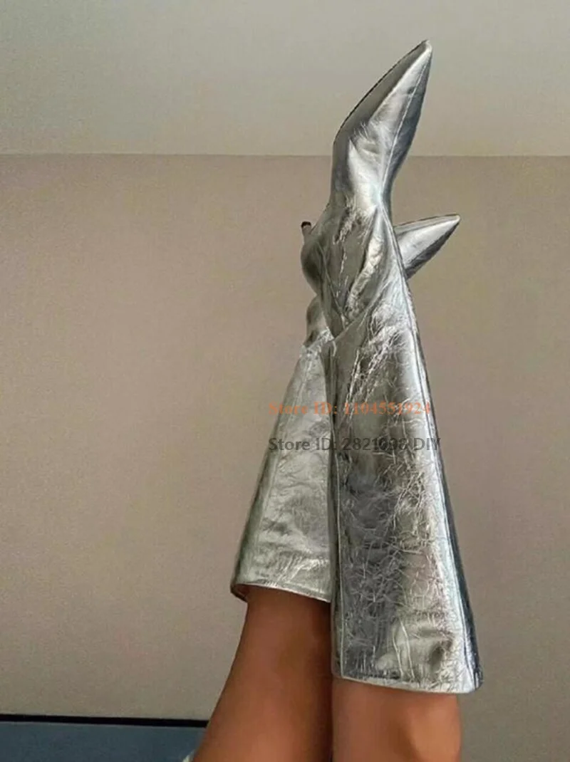 

5Cm Heeld Pointed Toe Kitten Heel Cat Heeled Knee High Boots Silver Leather Low Heeled Wide Tube Bottes Women Long Boot