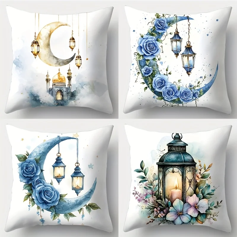 

4Pcs Islamic Crescent Moon Pillow Covers 45x45cm Double-sided Printed Lantern Rose Cushion Cases Ramadan Decor Throw Pillows No