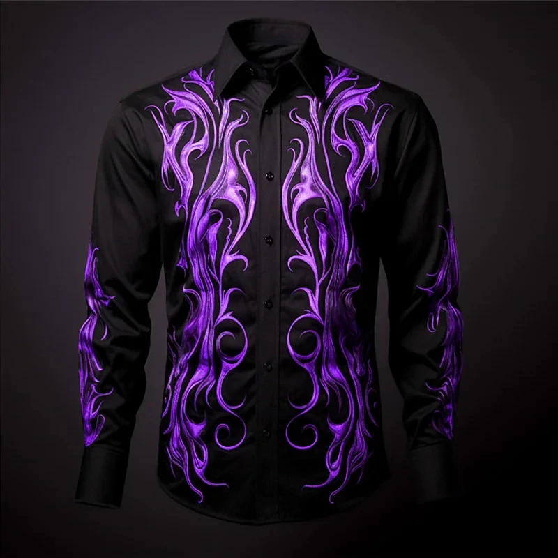Men's Shirt Blue Purple Flame Pattern 3d Print Shirts Men Fashion Hawaiian Shirt Casual Beach Long Sleeve Blouse Lapel Shirt