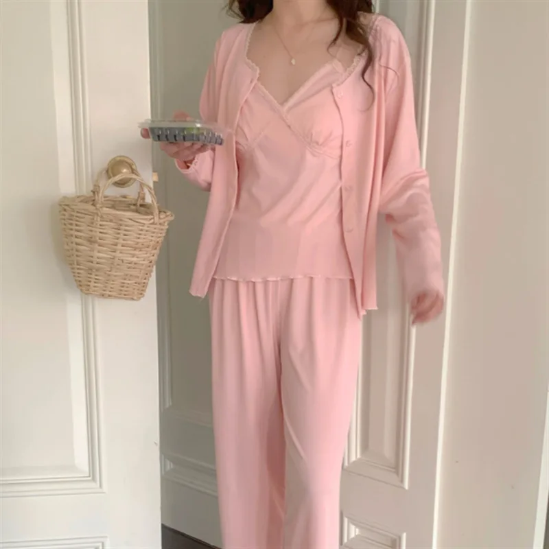 Women\'s Pajamas Three-piece Sexy V-neck Shirt Top& Trousers&Cardigan Long-Sleeved Sleepwear Set Casual Home Clothes