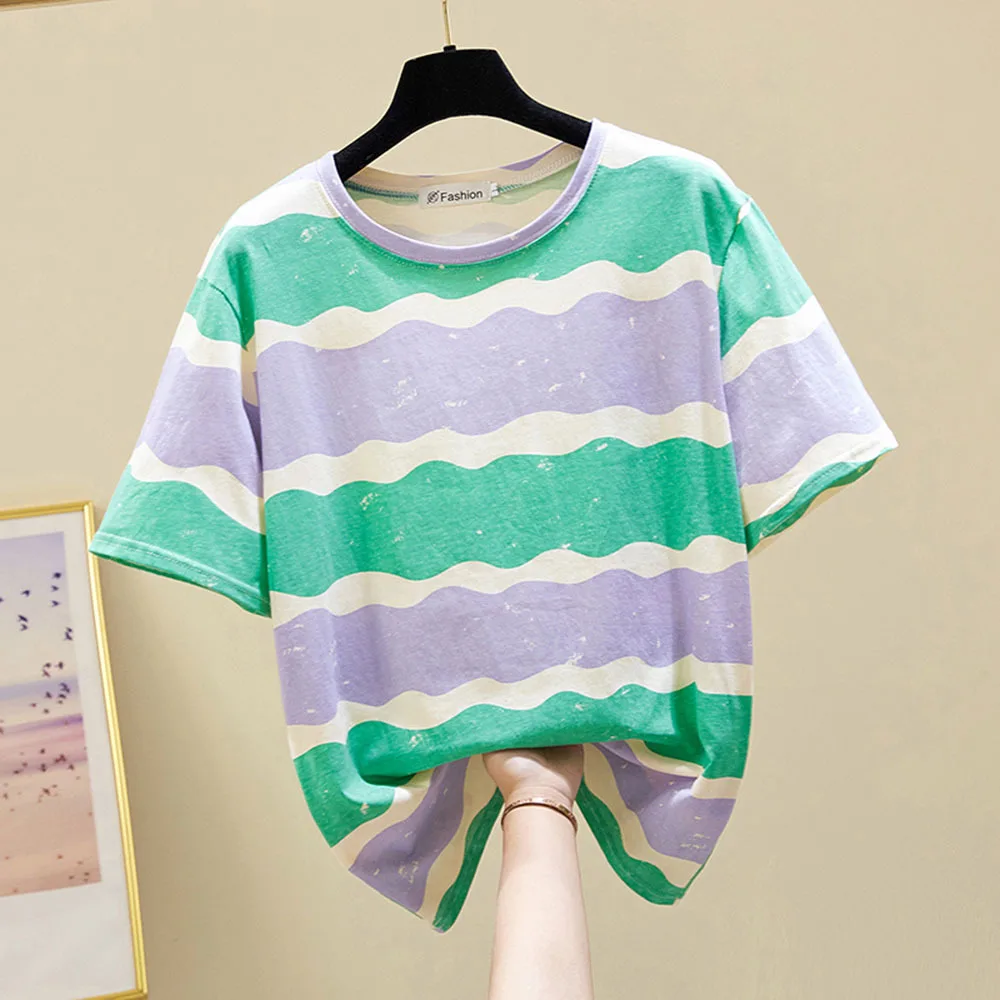 

Women' 100% Cotton stripe Tees T Shirts Female Casual Tops O-Neck XL-4XL Tees New Summer Loose Short Sleeve T Shirt