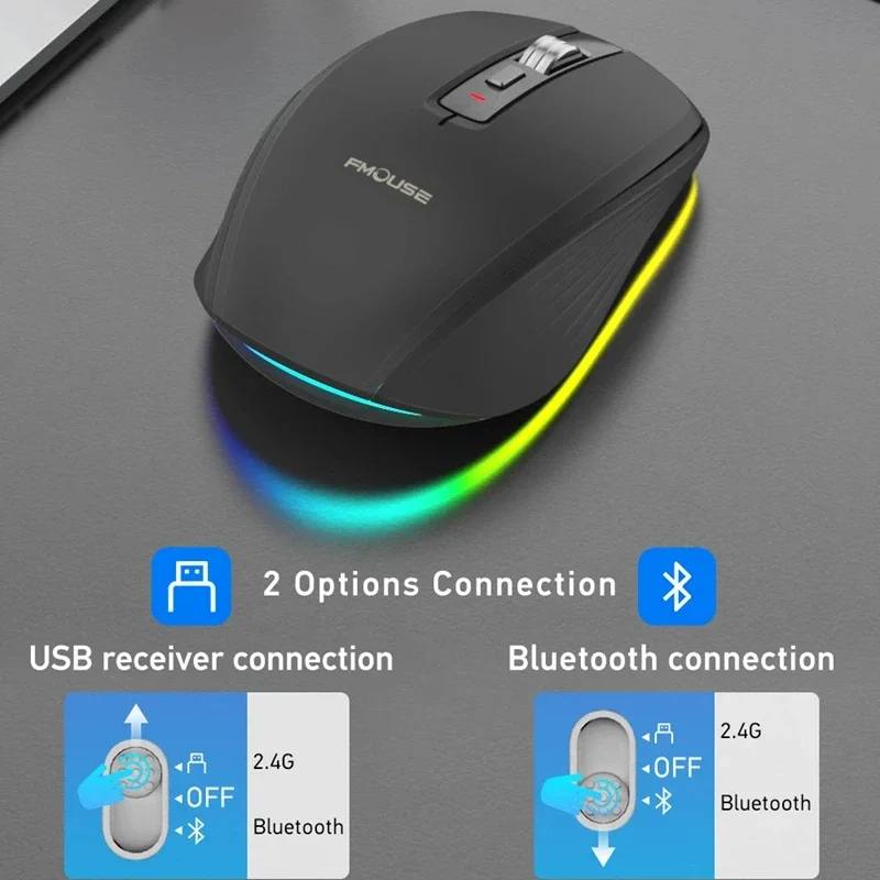 Dual Mode Rechargeable Bluetooth 2.4G Wireless Mouse RGB Mute Mouse For Windows Mac IOS Android Laptop Tablet Phone PC