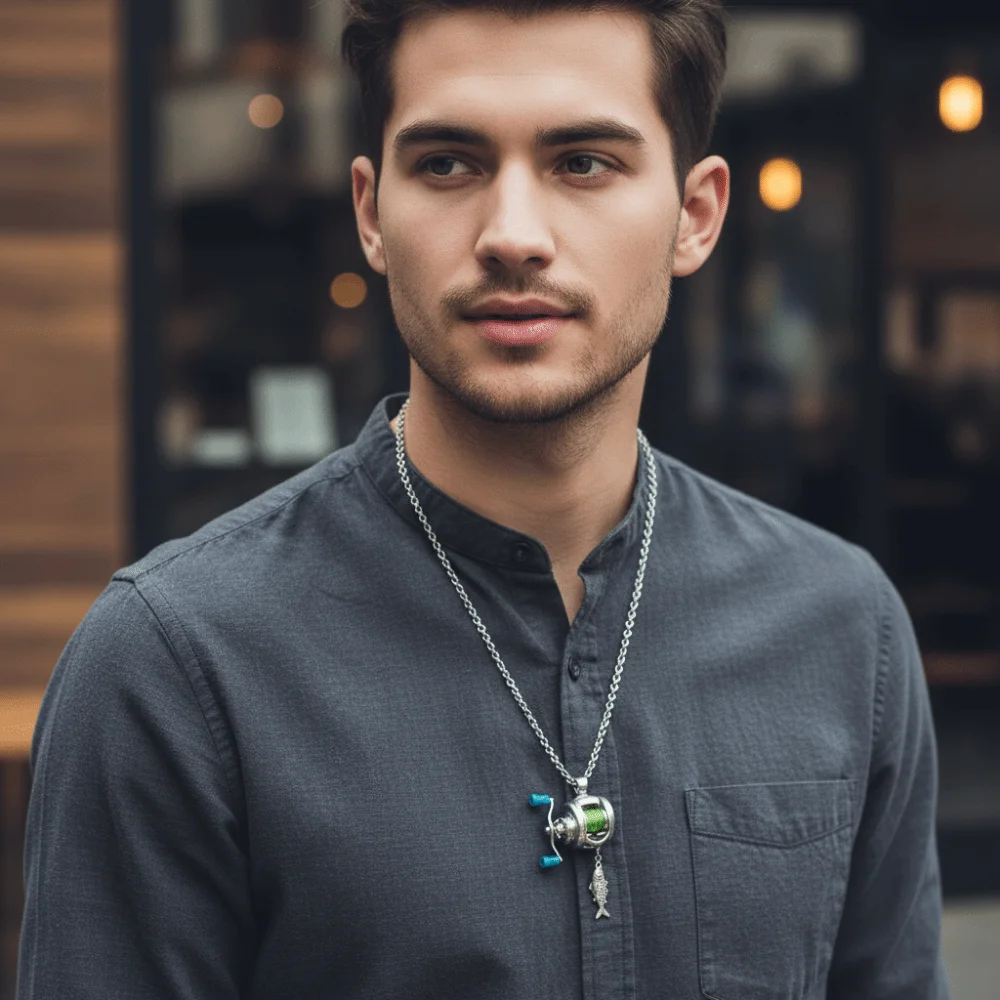 Exquisite Fishing Reel Ring Luxury Fishing Reel Necklace Detachable Pendant Rotatable Men Neck Pendant Neck Accessories