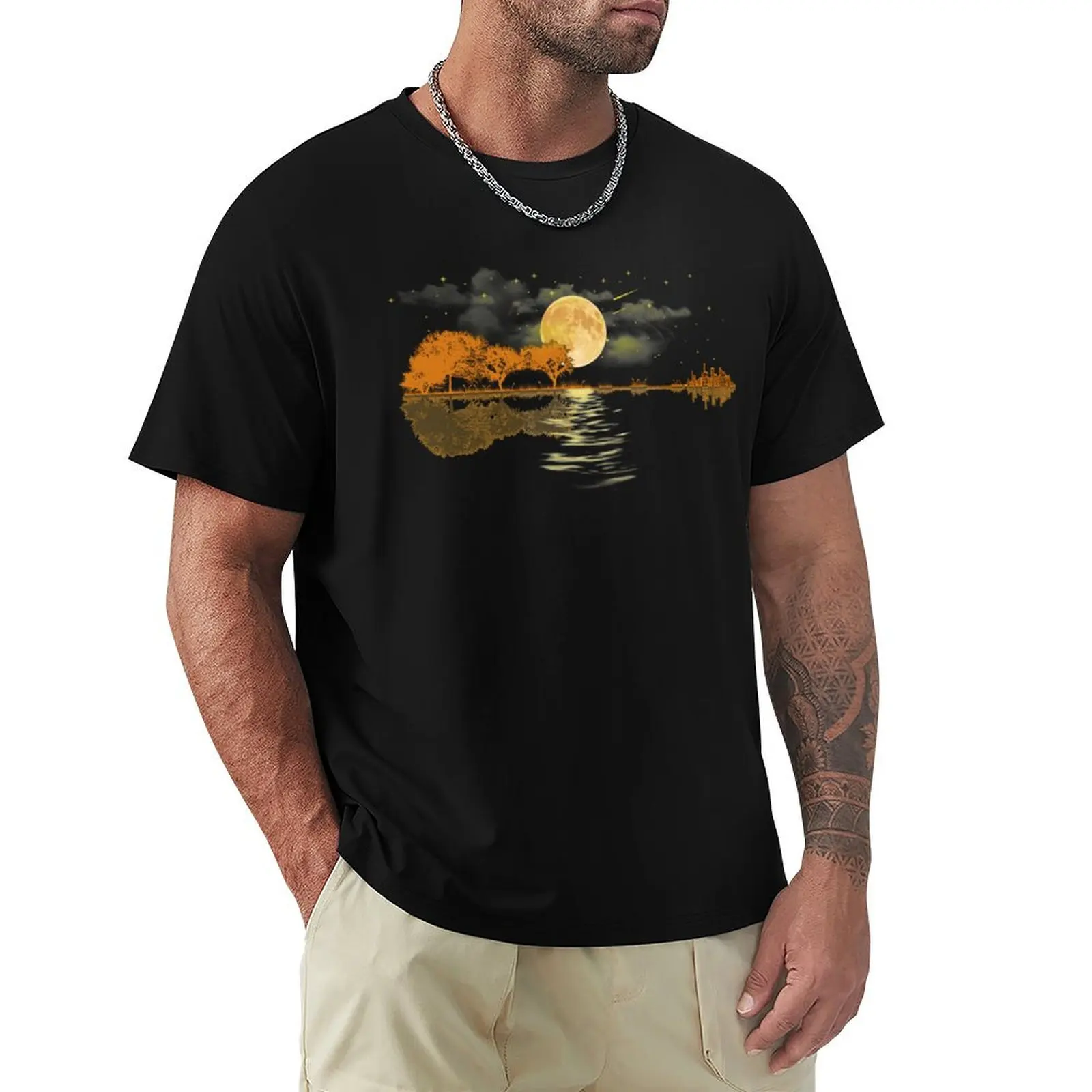Acoustic Guitar Player T Shirt, Guitar Moonlight Nature Lake Shadow Birthday, Christmas Gift T-Shirt Urban Casual Loose Fit Tee