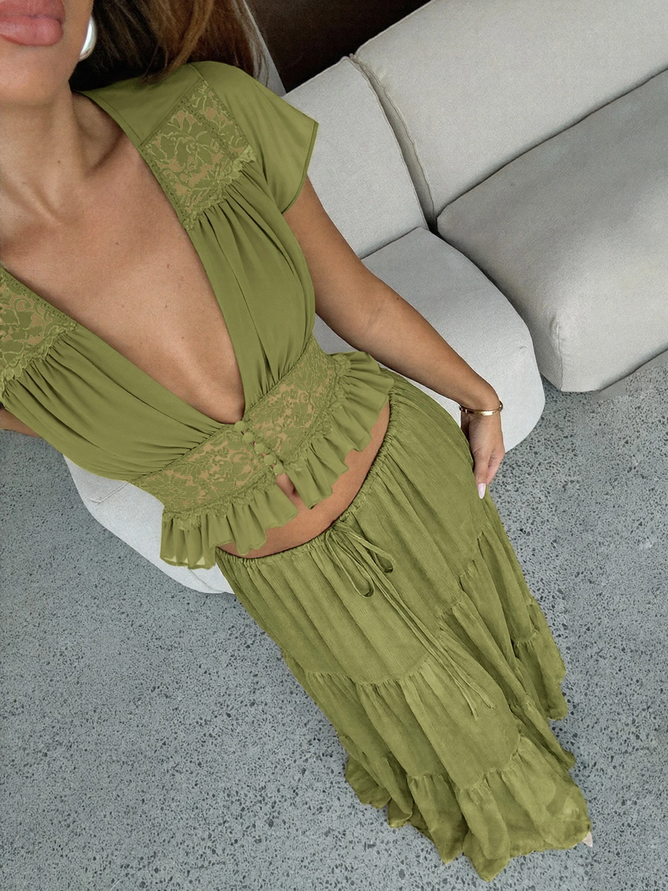 Dulzura Women Solid Sexy Elegant 2 Piece Skirt Set V-Neck Sheer Lace Patchwork Slim Fit Lace Up Chiffon Long Skirt Matching Set view 5