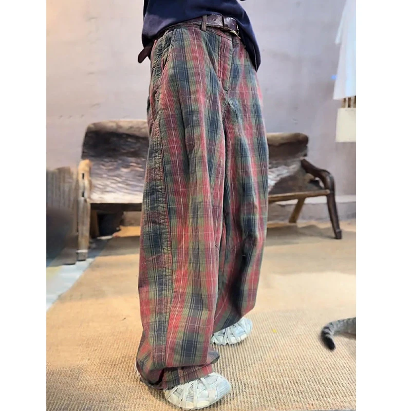 Style coréen 2025 nouveauté été femmes mode pleine longueur pantalon décontracté ample fermeture éclair mouche taille Plaid jambe large pantalon T131