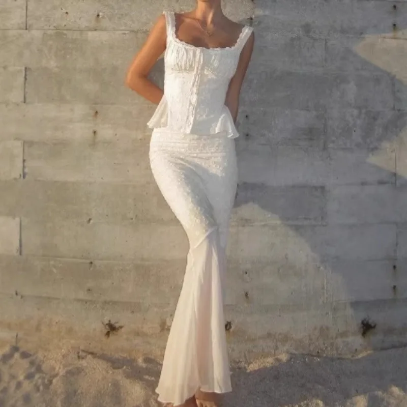 Elegant Lace Two Piece Skirt Matching Set Women Long Fishtail  Skirt and Lace Crop Top French Style Bodycon Dress Matching Sets