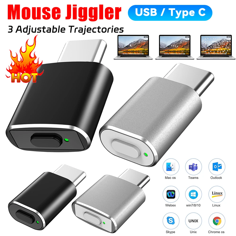 Mouse Jiggler USB Type C Undetectable Mouse Mover Shaker Simulate Mice Driver-Free Keeps Computer PC Laptop Awake ON/Off Button