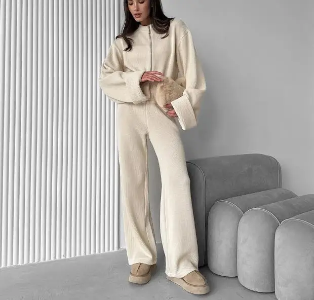 

Autumn Winter Knitted Long Sleeve Wide Leg Pants Set Casual Zipper Jacket And Pants Ensemble for Women