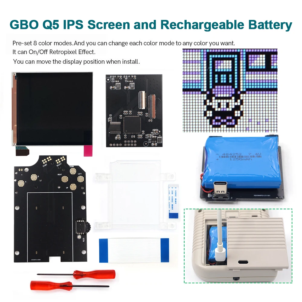 36 Color Rechargeable GBO DMG IPS Q5 LCD Backlight Screen Retro Pixe Kits with Pre-Cut shell For GameBoy Console