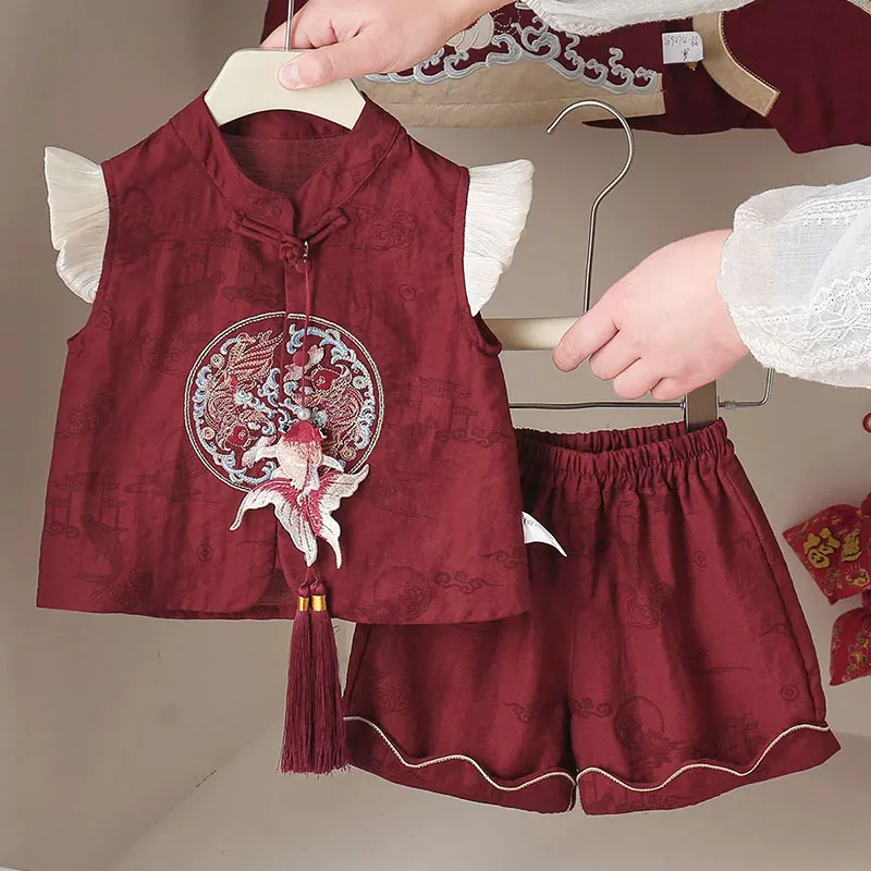 

Summer Girls Outfit Sets Chinese Style Cartoon Cute Birthday New Year Embroidery Sleeveless Tops+Shorts Baby Newborn Items B298