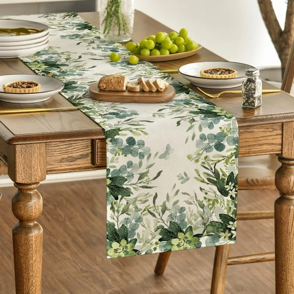 Spring Green Flowers Eucalyptus Linen Table Runner Holiday Party Decor Farmhouse Kitchen Dining Table Runner Wedding Decoration