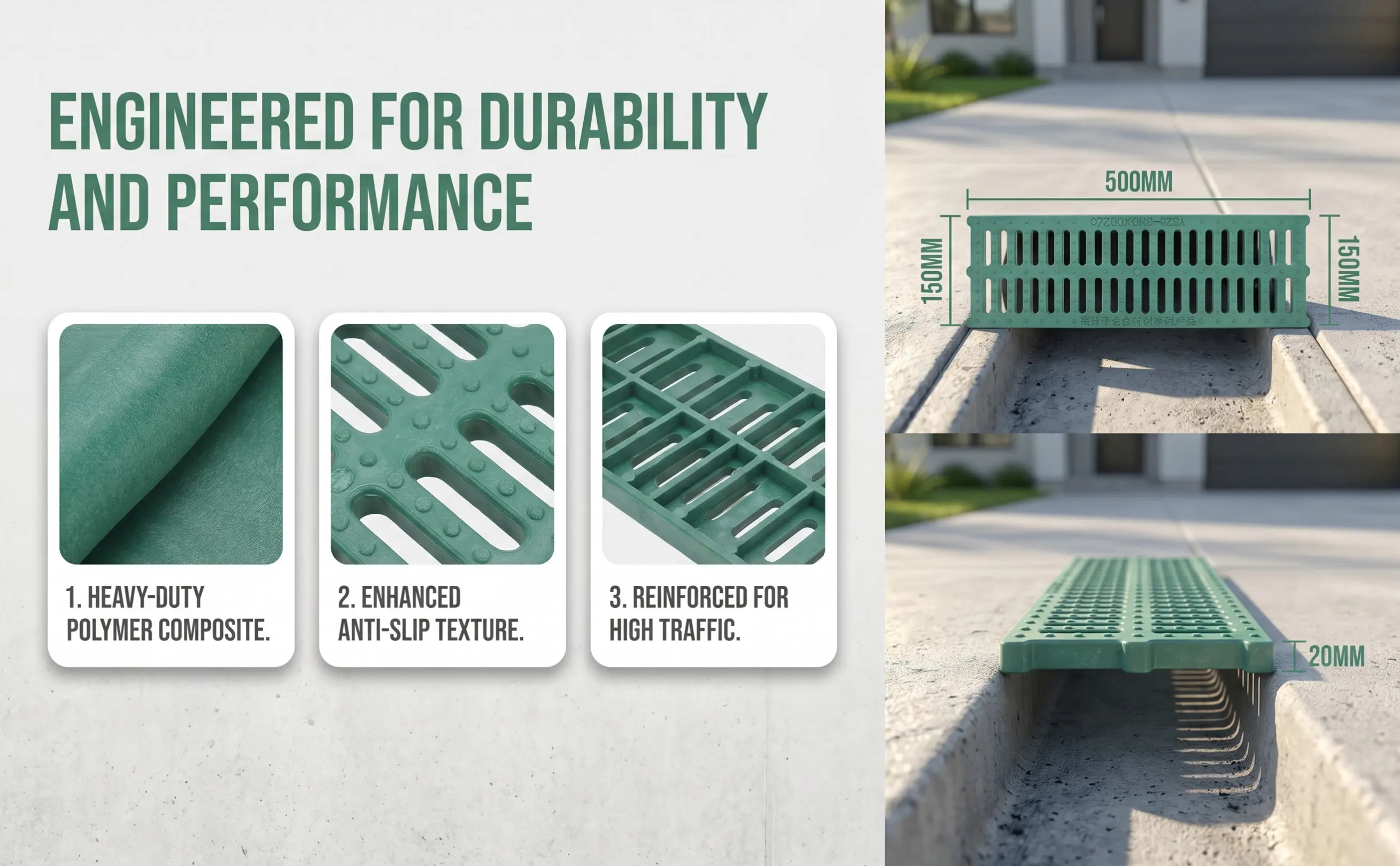 Plastic Trench Drain Grate Outdoor Drainage Cover Replacement for Yard Sidewalk Driveway Heavy Duty Channel Drain Grate