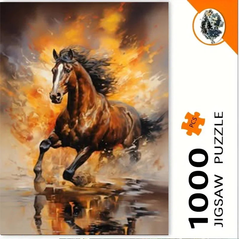 

1000 шт. головоломка с коричневой лошадью с летающими лошадьми и пламенным фоном - портативный куб для взрослых, сложный 3D DIY для