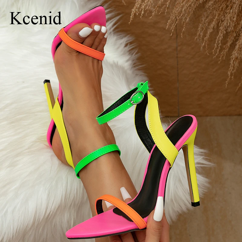 

Kcenid Fashion Street Style Modern Sandals Women Summer High Heels Pointed Toe Sandals Lady Mixed Colors Ankle Strap Party Shoes