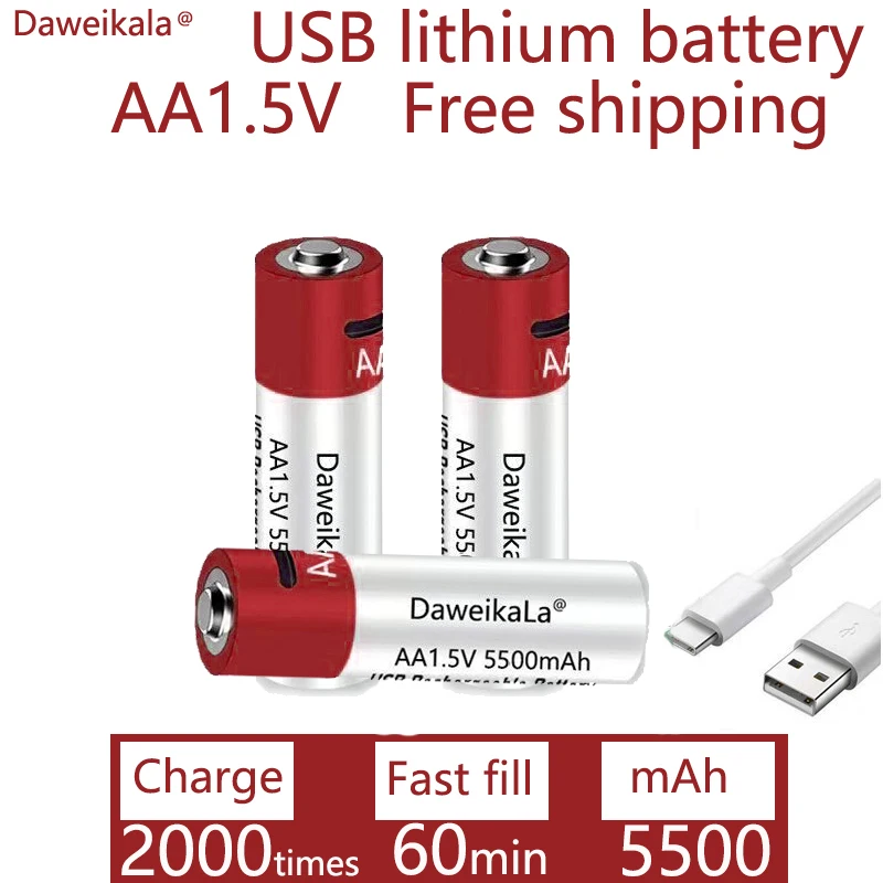 Daweikala New AA USB rechargeable Li ion battery 1.5V AA 5500mah / Li ion battery watch for toys MP3 player thermometer keyboard