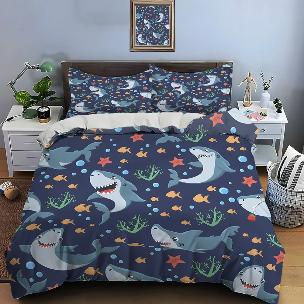 Cartoon sharks and ocean elements Bedding Set for Kids Luxury Gift 3pcs Digital Print Comforter Set Soft Comfortable Breathable