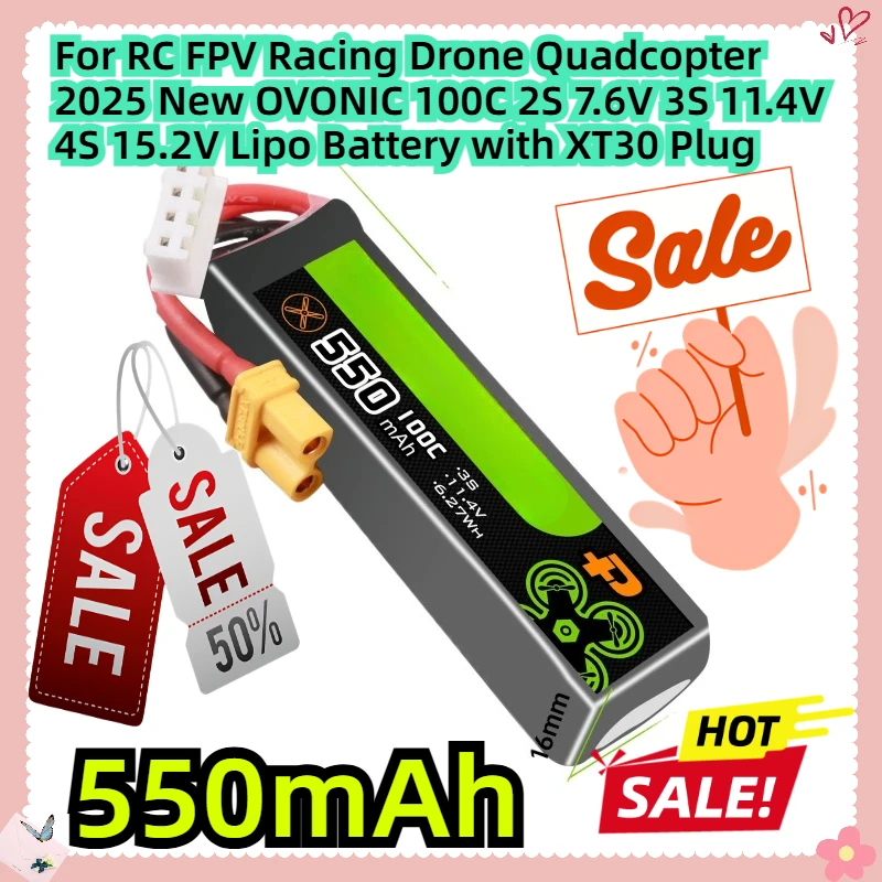 For RC FPV Racing Drone Quadcopter 2025 New OVONIC 550mAh 100C 2S 7.6V 3S 11.4V 4S 15.2V Lipo Battery with XT30 Plug