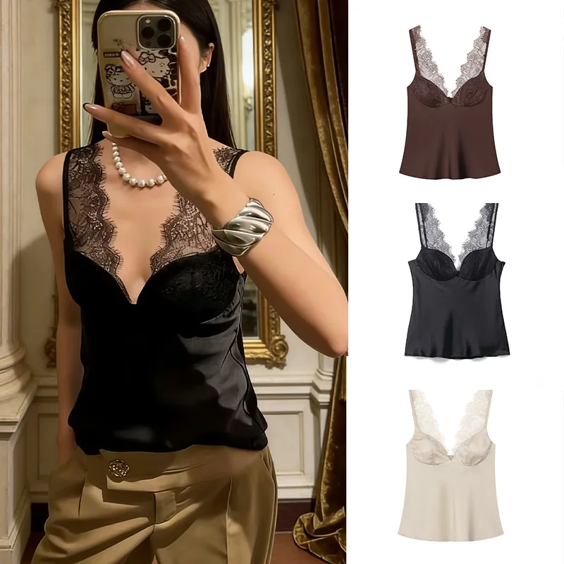 

2026 Women's Tank Tops Sleeveless Off-the-shoulder Lace Cutout Slim Tops Female Summer Chic Sexy Versatile Outwear Woman Tops