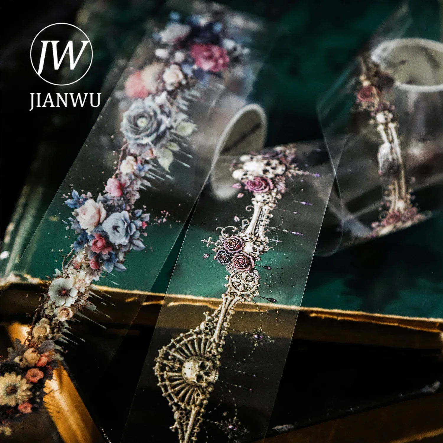 JIANWU 40mm*200cm Vintage Dark Gothic Flower Skull Spiderweb Landscape Material Collage PET Tape Creative DIY Journal Stationery