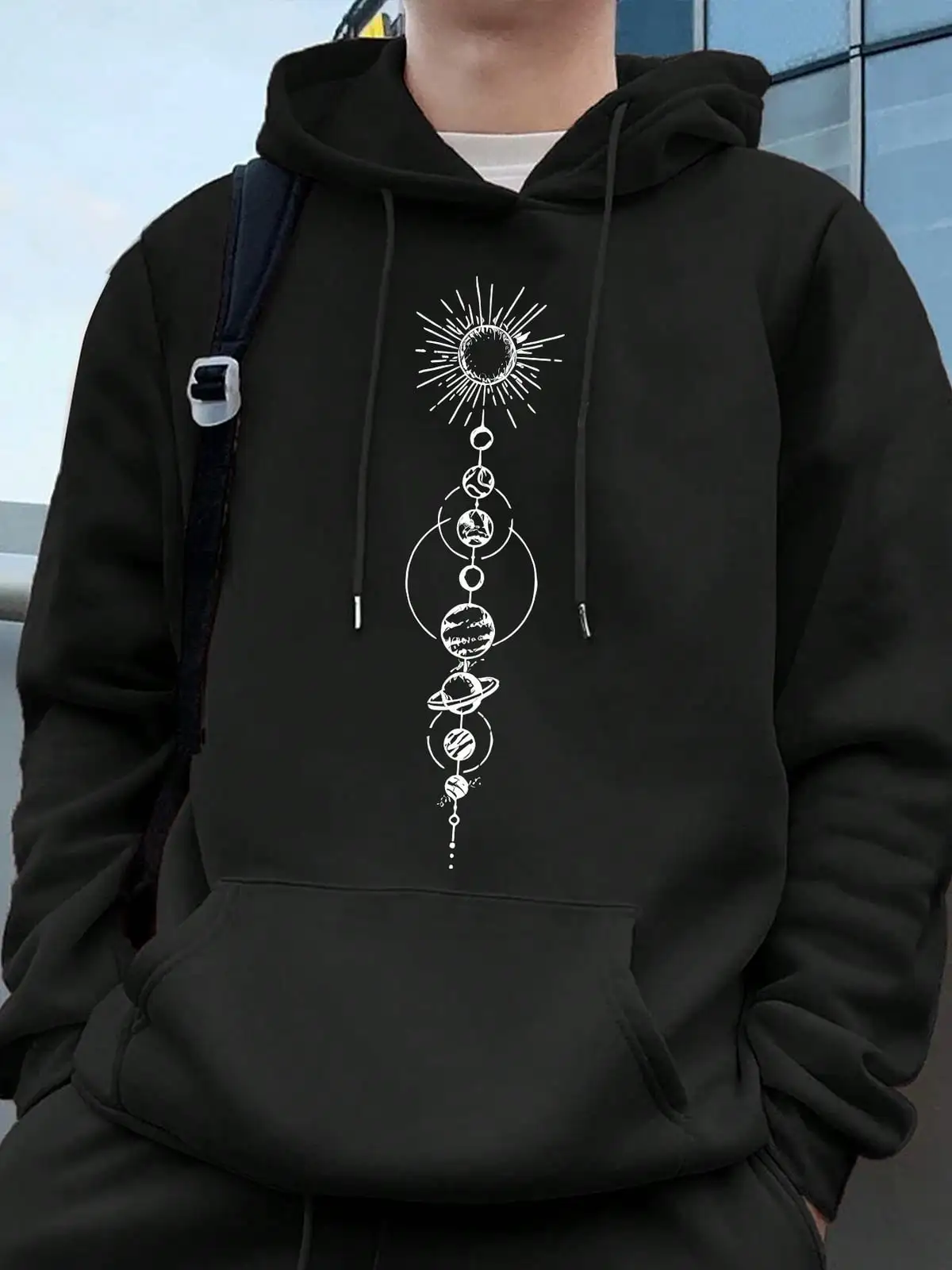 Men Front Print Hoodie, Vertical Solar System Planets Sun Graphic Hooded Sweatshirt, Space Cosmic Casual Loose Pullover Hoodie