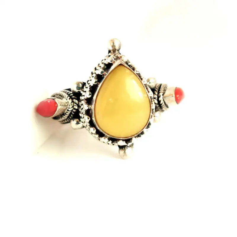 Nepal Hand 925 Silver Inlaid Opal Honeywax Resin Big Rings for Man Vintage Jewelry T9069